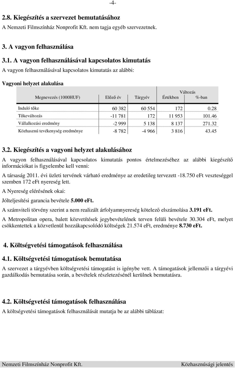 382 60 554 172 0.28 Tőkeváltozás -11 781 172 11 953 101.46 Vállalkozási eredmény -2 999 5 138 8 137 271.32 Közhasznú tevékenység eredménye -8 782-4 966 3 816 43.45 3.2. Kiegészítés a vagyoni helyzet alakulásához A vagyon felhasználásával kapcsolatos kimutatás pontos értelmezéséhez az alábbi kiegészítő információkat is figyelembe kell venni: A társaság 2011.