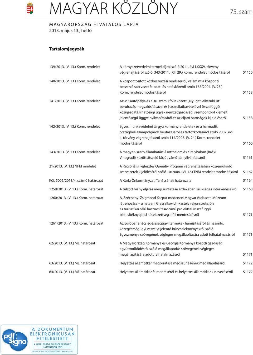 (V. 25.) Korm. rendelet módosításáról 51158 141/2013. (V. 13.) Korm. rendelet Az M3 autópálya és a 36.