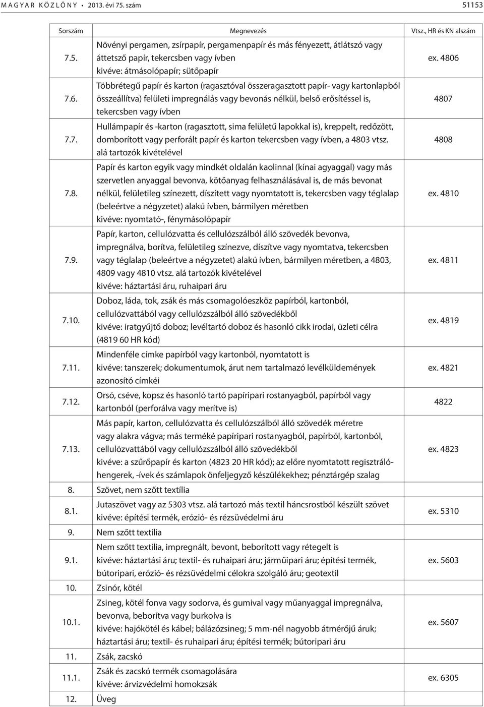 7. domborított vagy perforált papír és karton tekercsben vagy ívben, a 4803 vtsz.