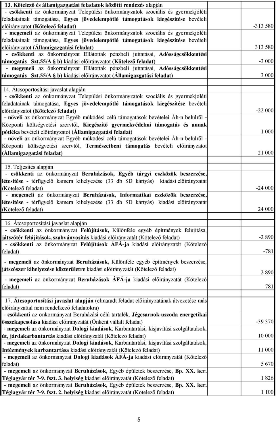 előirányzatot (gazgatási ) 313 580 - csökkenti az önkormányzat Ellátottak pénzbeli juttatásai, Adósságcsökkentési támogatás Szt.