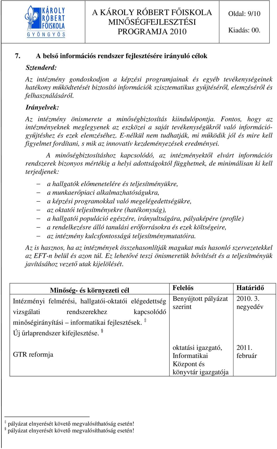 gyűjtéséről, elemzéséről és felhasználásáról. Irányelvek: Az intézmény önismerete a minőségbiztosítás kiindulópontja.