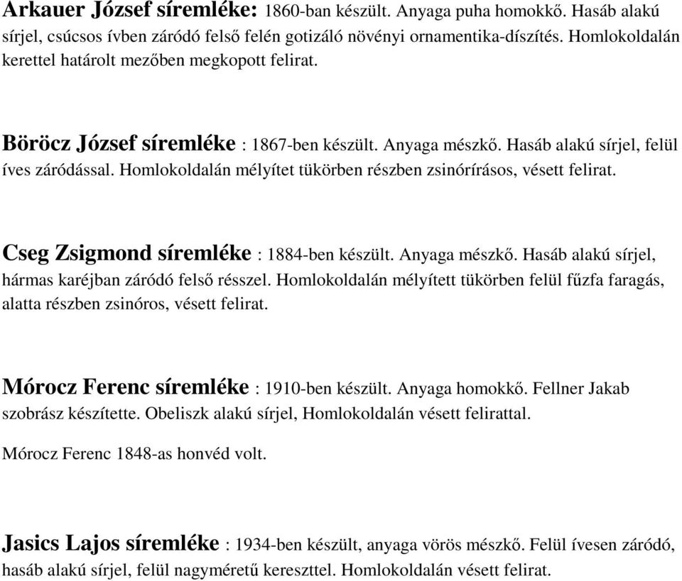 Homlokoldalán mélyítet tükörben részben zsinórírásos, vésett felirat. Cseg Zsigmond síremléke : 1884-ben készült. Anyaga mészkı. Hasáb alakú sírjel, hármas karéjban záródó felsı résszel.