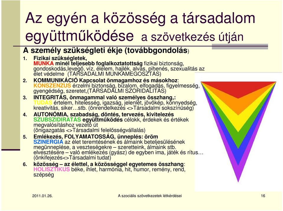 KOMMUNIKÁCIÓ Kapcsolat önmagamhoz és másokhoz: KONSZENZUS érzelmi biztonság, bizalom, elfogadás, figyelmesség, gyengédség, szeretet,(társadalmi SZORIDALITÁS) 3.