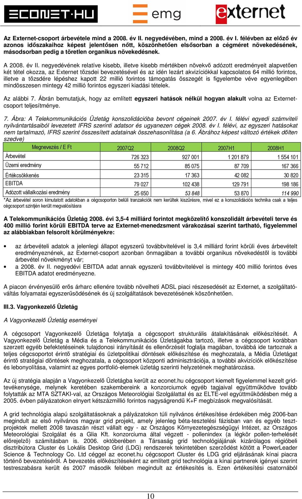 félévben az előző év azonos időszakaihoz képest jelentősen nőtt, köszönhetően elsősorban a cégméret növekedésének, másodsorban pedig a töretlen organikus növekedésnek. A 2008. év II.