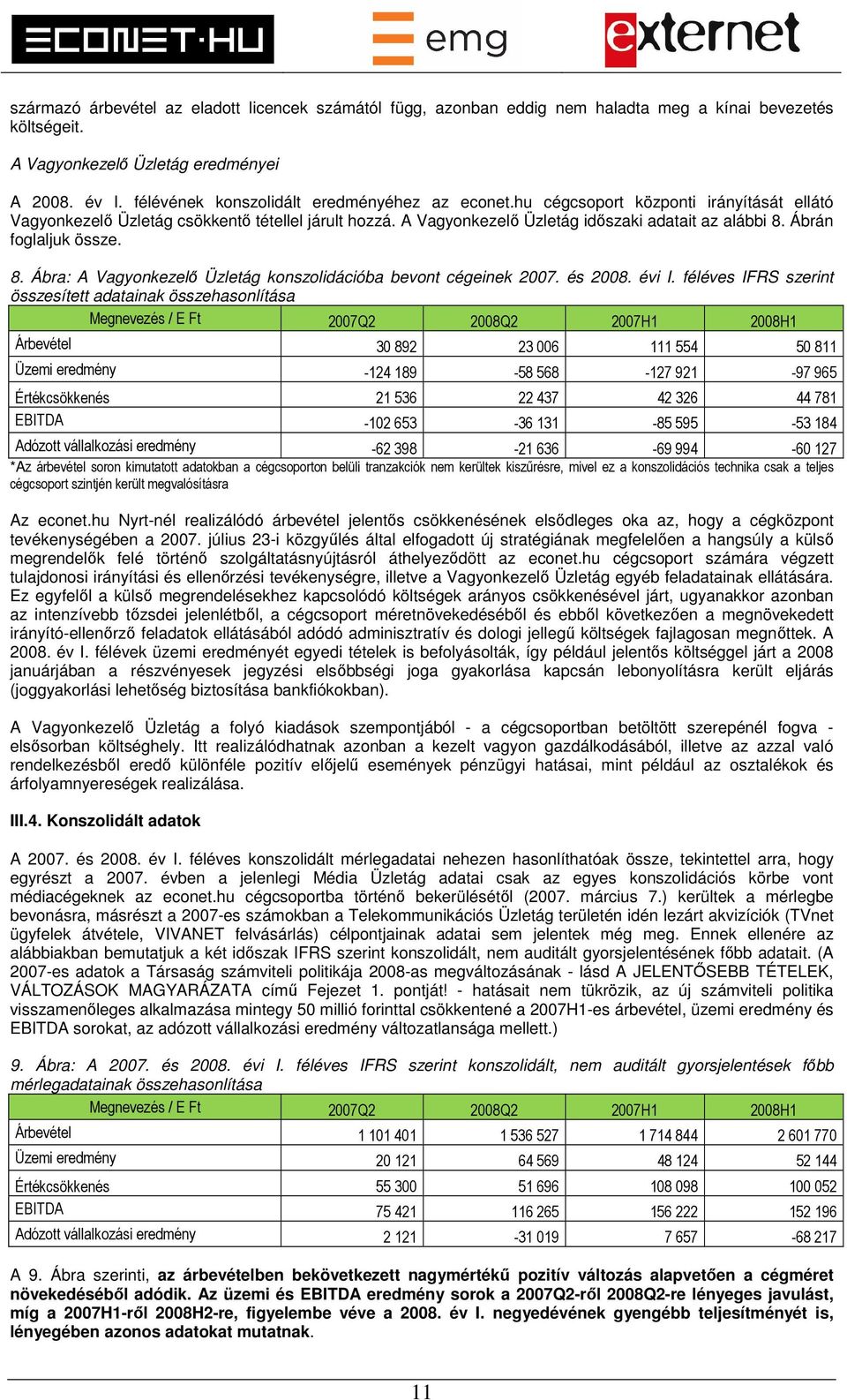 Ábrán foglaljuk össze. 8. Ábra: A Vagyonkezelő Üzletág konszolidációba bevont cégeinek 2007. és 2008. évi I.