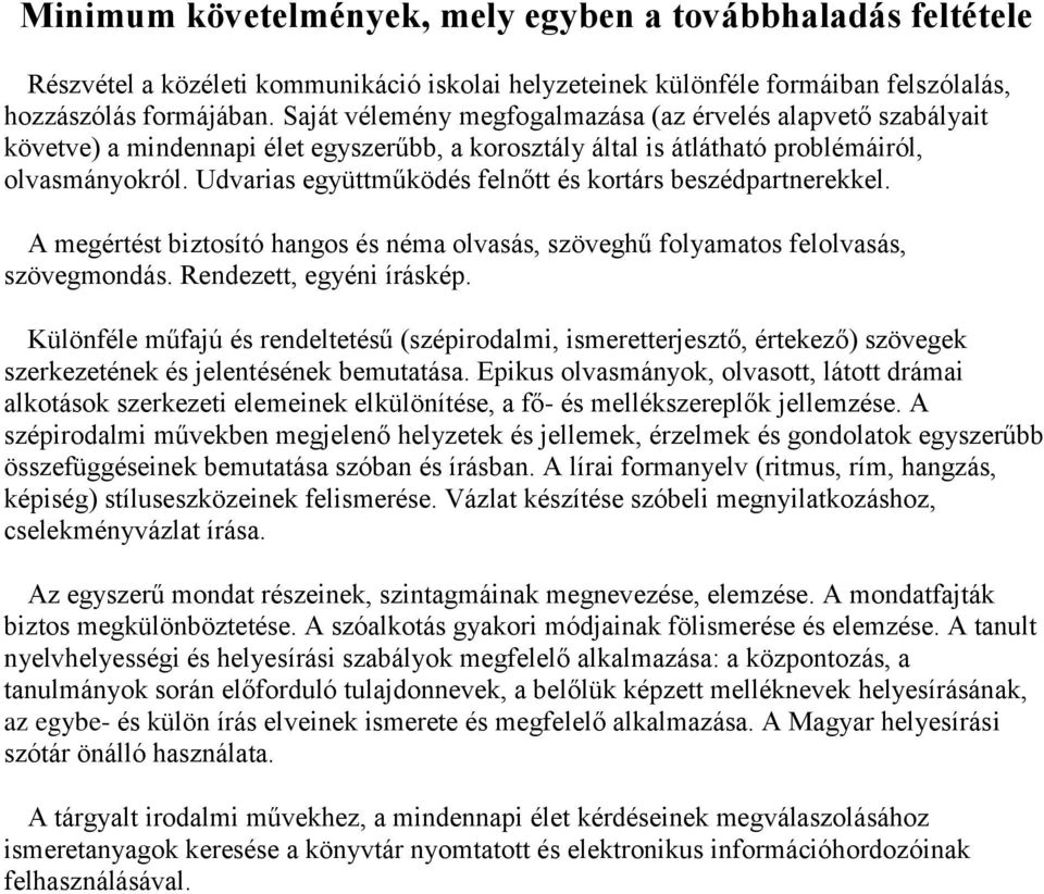 Udvarias együttműködés felnőtt és kortárs beszédpartnerekkel. A megértést biztosító hangos és néma olvasás, szöveghű folyamatos felolvasás, szövegmondás. Rendezett, egyéni íráskép.
