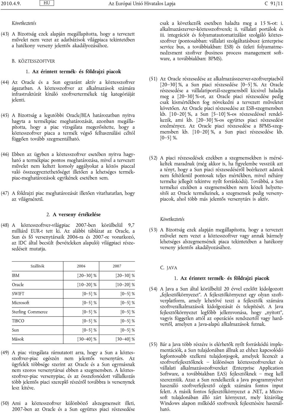 jelentős akadályozásához. B. KÖZTESSZOFTVER 1. Az érintett termék- és földrajzi piacok (44) Az Oracle és a Sun egyaránt aktív a köztesszoftver ágazatban.