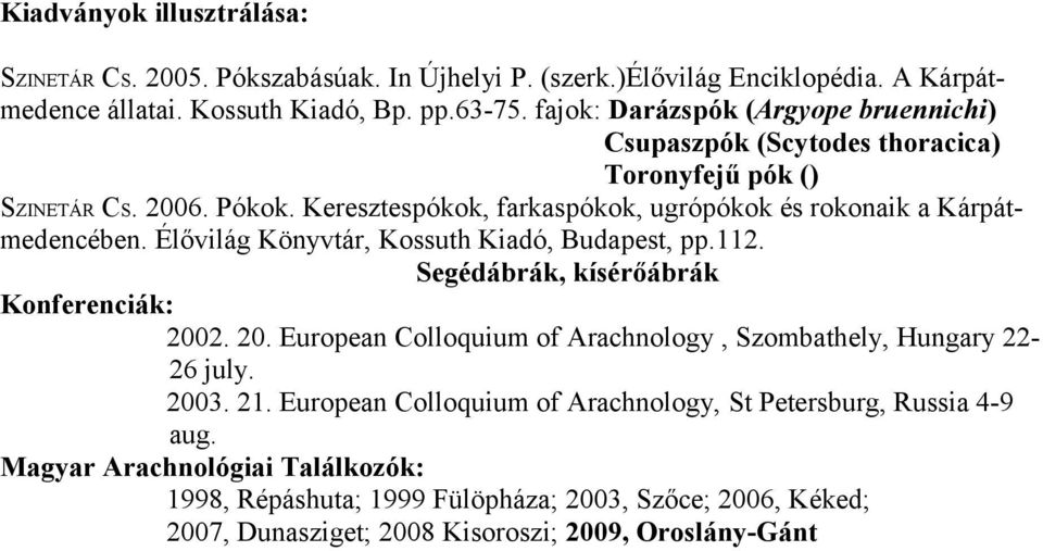 Élővilág Könyvtár, Kossuth Kiadó, Budapest, pp.112. Segédábrák, kísérőábrák Konferenciák: 2002. 20. European Colloquium of Arachnology, Szombathely, Hungary 22-26 july. 2003. 21.