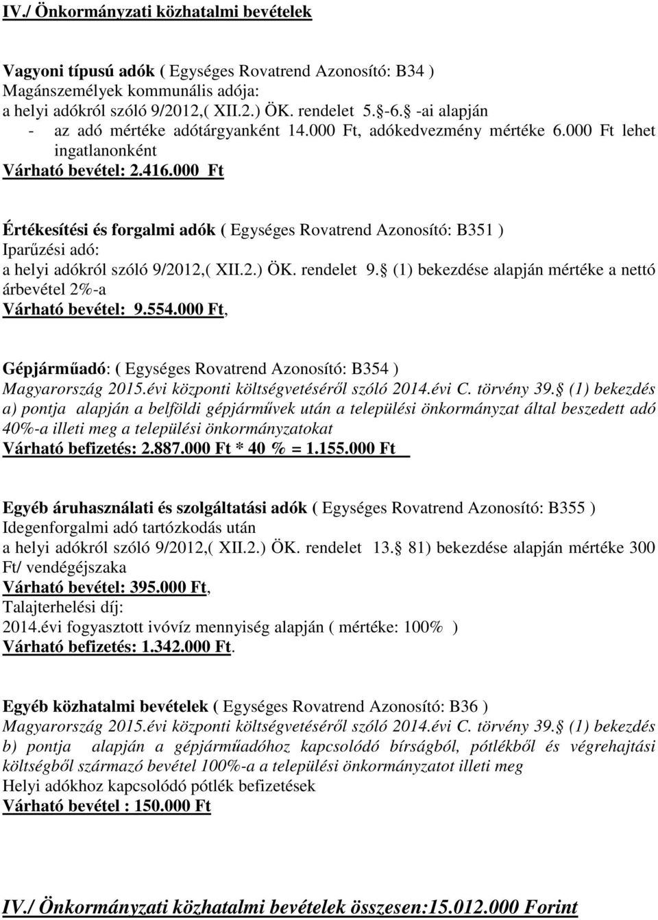 000 Ft Értékesítési és forgalmi adók ( Egységes Rovatrend Azonosító: B351 ) Iparűzési adó: a helyi adókról szóló 9/2012,( XII.2.) ÖK. rendelet 9.