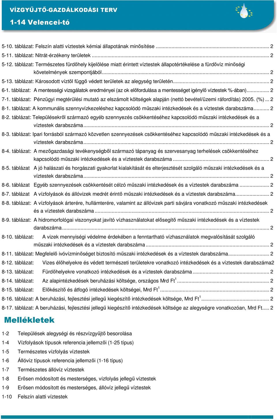 táblázat: Károsodott víztıl függı védett területek az alegység területén... 2 6-1. táblázat: A mentességi vizsgálatok eredményei (az ok elıfordulása a mentességet igénylı víztestek %-ában)... 2 7-1.