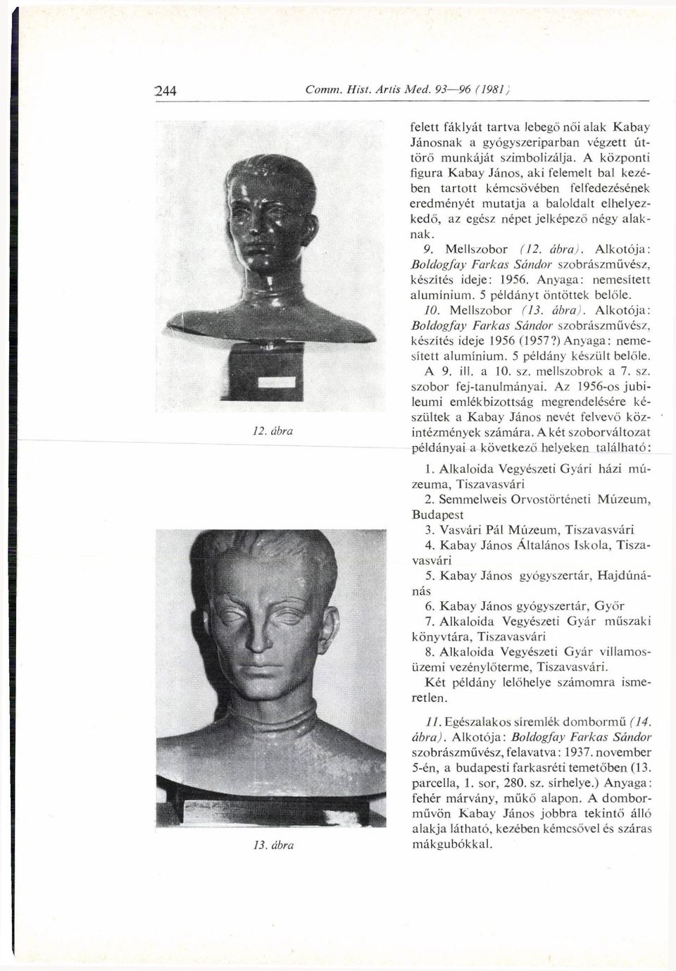 Alkotója: Boldogfay Farkas Sándor szobrászművész, készítés ideje: 1956. Anyaga: nemesített alumínium. 5 példányt öntöttek belőle. 10. Mellszobor (13. ábra).