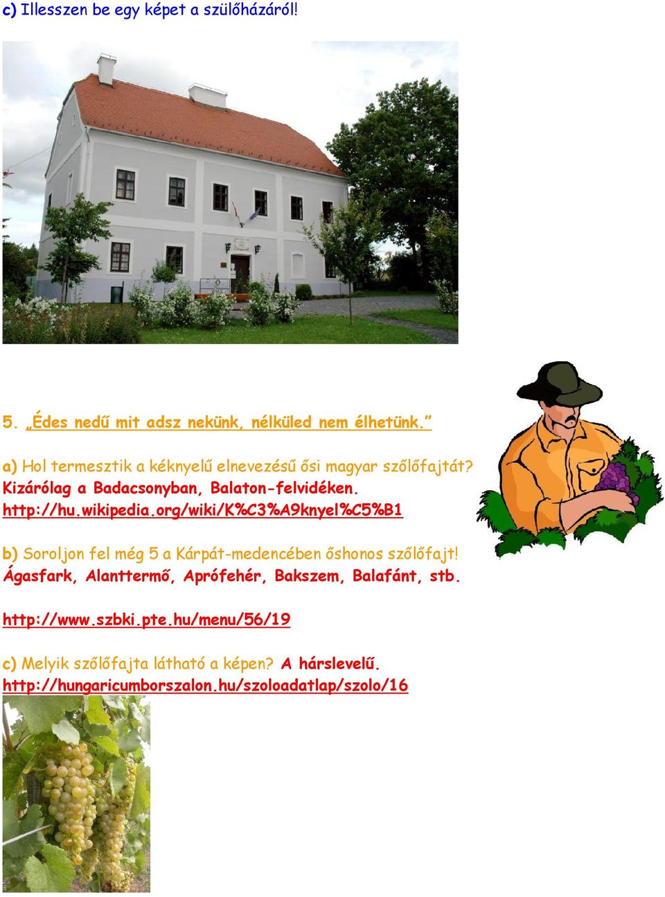 wikipedia.org/wiki/k%c3%a9knyel%c5%b1 b) Soroljon fel még 5 a Kárpát-medencében őshonos szőlőfajt!
