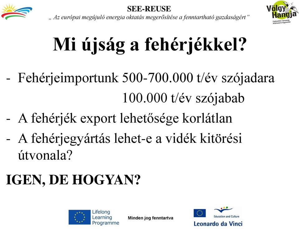 000 t/év szójabab - A fehérjék export lehetősége