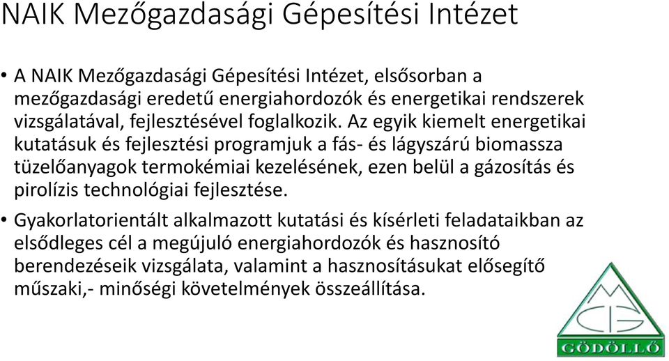 Az egyik kiemelt energetikai kutatásuk és fejlesztési programjuk a fás- és lágyszárú biomassza tüzelőanyagok termokémiai kezelésének, ezen belül a gázosítás