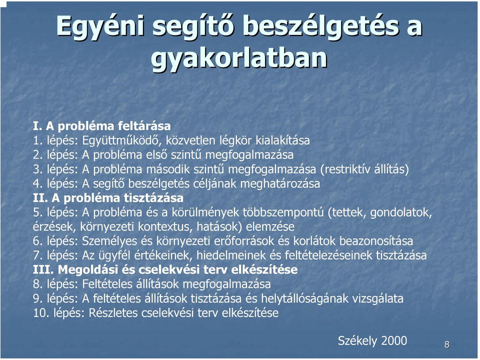 lépés: A probléma és a körülmények többszempontú (tettek, gondolatok, érzések, környezeti kontextus, hatások) elemzése 6. lépés: Személyes és környezeti erőforrások és korlátok beazonosítása 7.