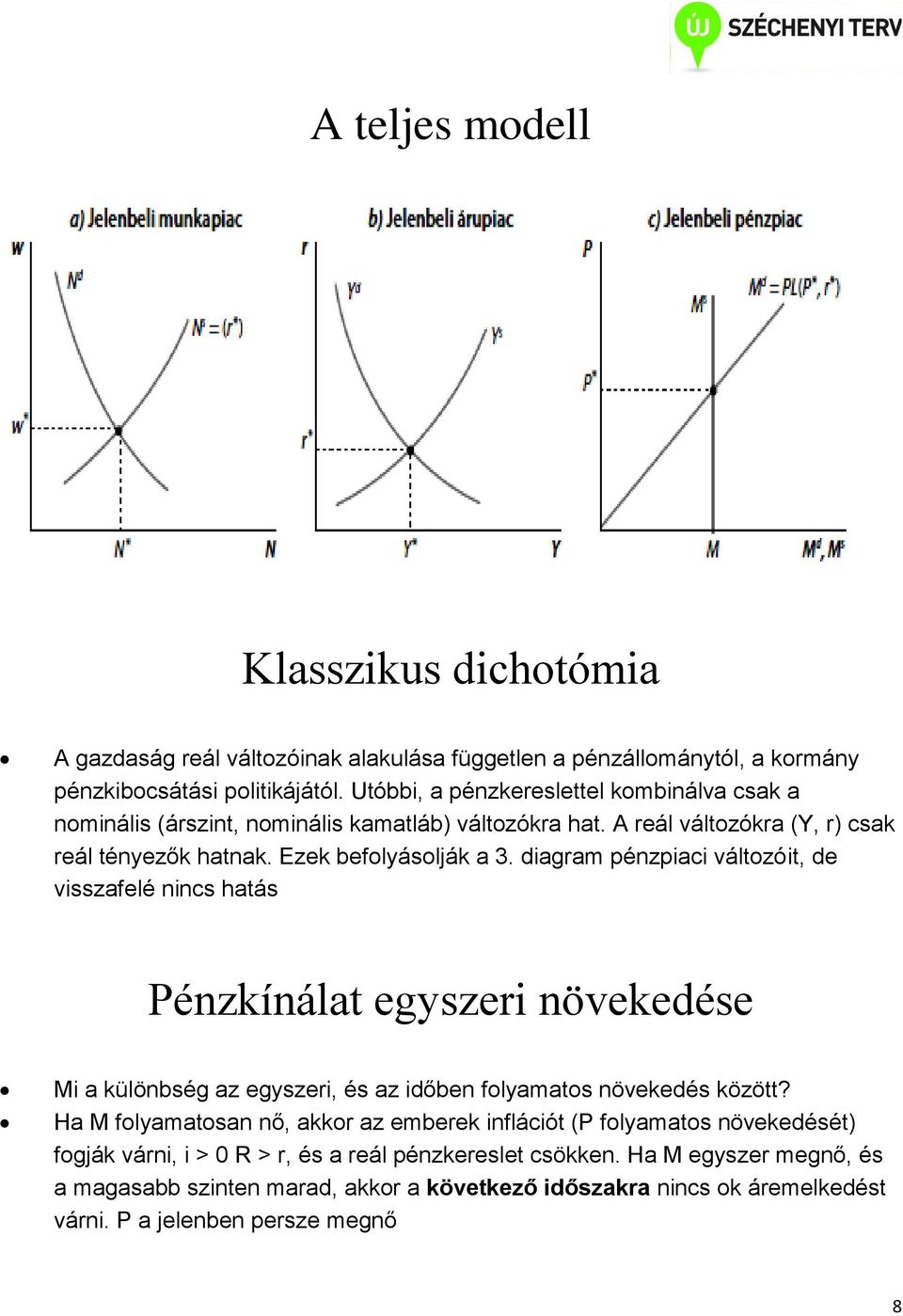 diagram pénzpiaci változóit, de visszafelé nincs hatás Pénzkínálat egyszeri növekedése Mi a különbség az egyszeri, és az időben folyamatos növekedés között?