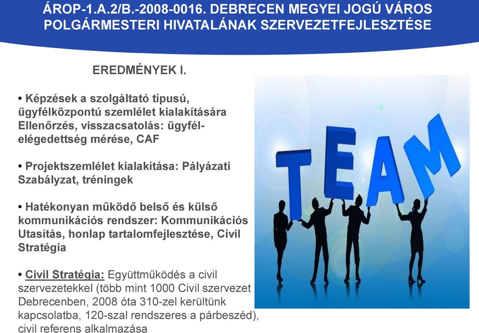 kialakítása: Pályázati Szabályzat, tréningek Hatékonyan működő belső és külső kommunikációs rendszer: Kommunikációs Utasítás, honlap tartalomfejlesztése,