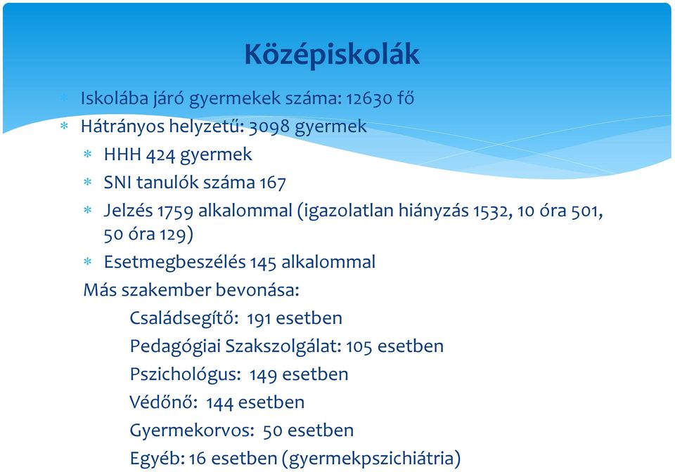 alkalommal Más szakember bevonása: Családsegítő: 191 esetben Pedagógiai Szakszolgálat: 105 esetben