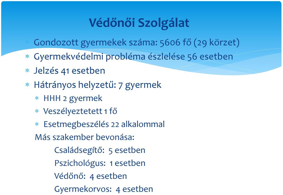 gyermek Veszélyeztetett 1 fő Esetmegbeszélés 22 alkalommal Más szakember bevonása: