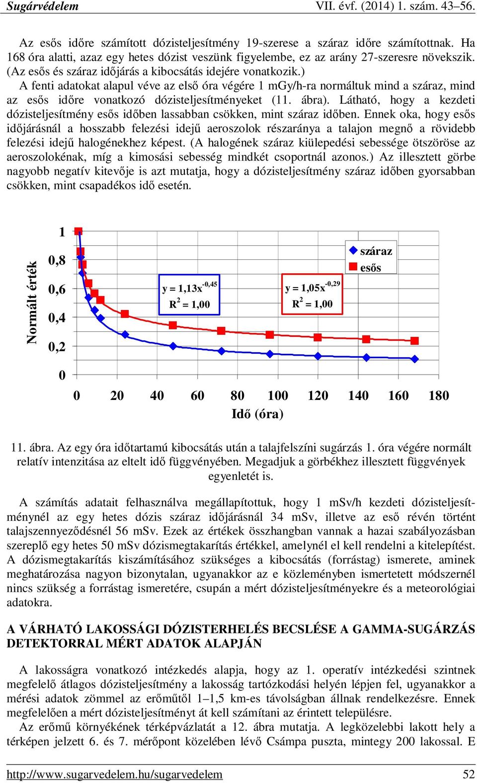) A fenti adatokat alapul véve az elsı óra végére 1 mgy/h-ra normáltuk mind a száraz, mind az esıs idıre vonatkozó dózisteljesítményeket (11. ábra).