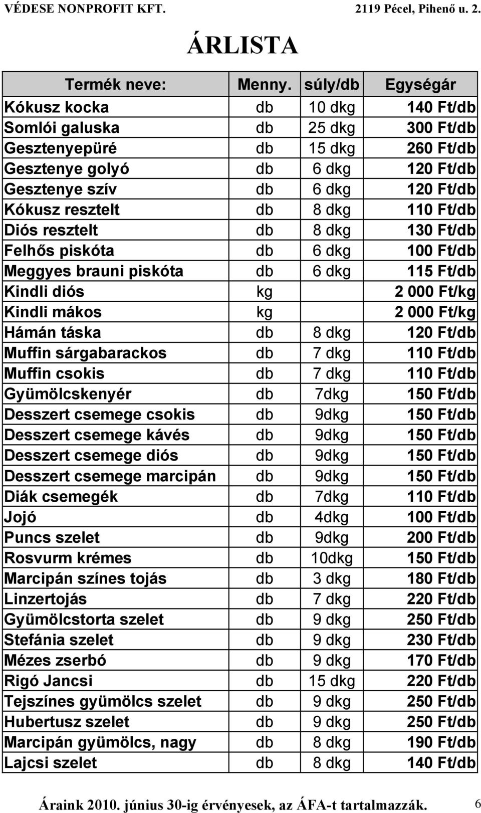 Ft/db Muffin sárgabarackos db 7 dkg 110 Ft/db Muffin csokis db 7 dkg 110 Ft/db Gyümölcskenyér db 7dkg 150 Ft/db Desszert csemege csokis db 9dkg 150 Ft/db Desszert csemege kávés db 9dkg 150 Ft/db
