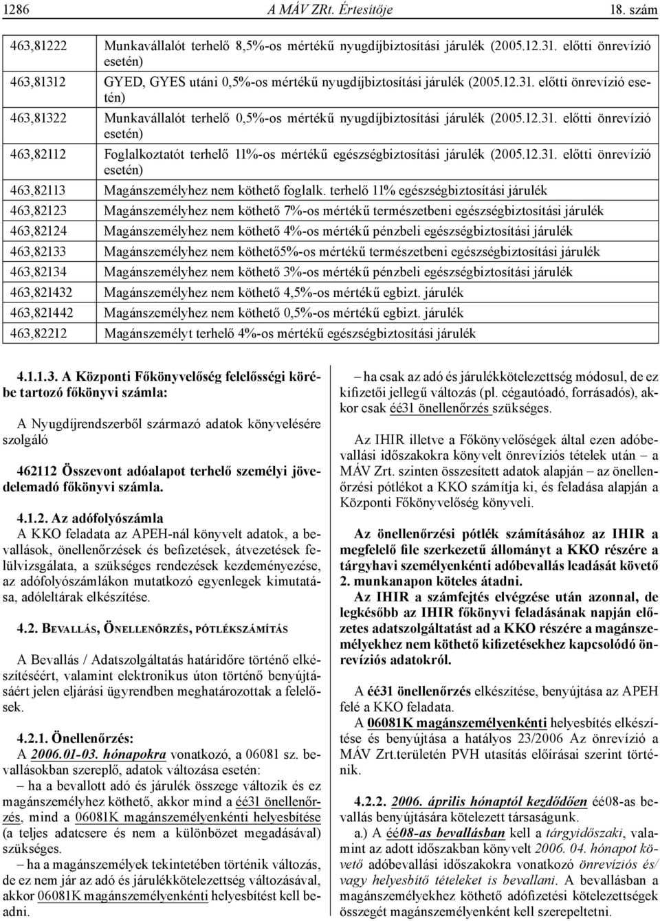 12.31. előtti önrevízió esetén) 463,82112 Foglalkoztatót terhelő 11%-os mértékű egészségbiztosítási járulék (2005.12.31. előtti önrevízió esetén) 463,82113 Magánszemélyhez nem köthető foglalk.