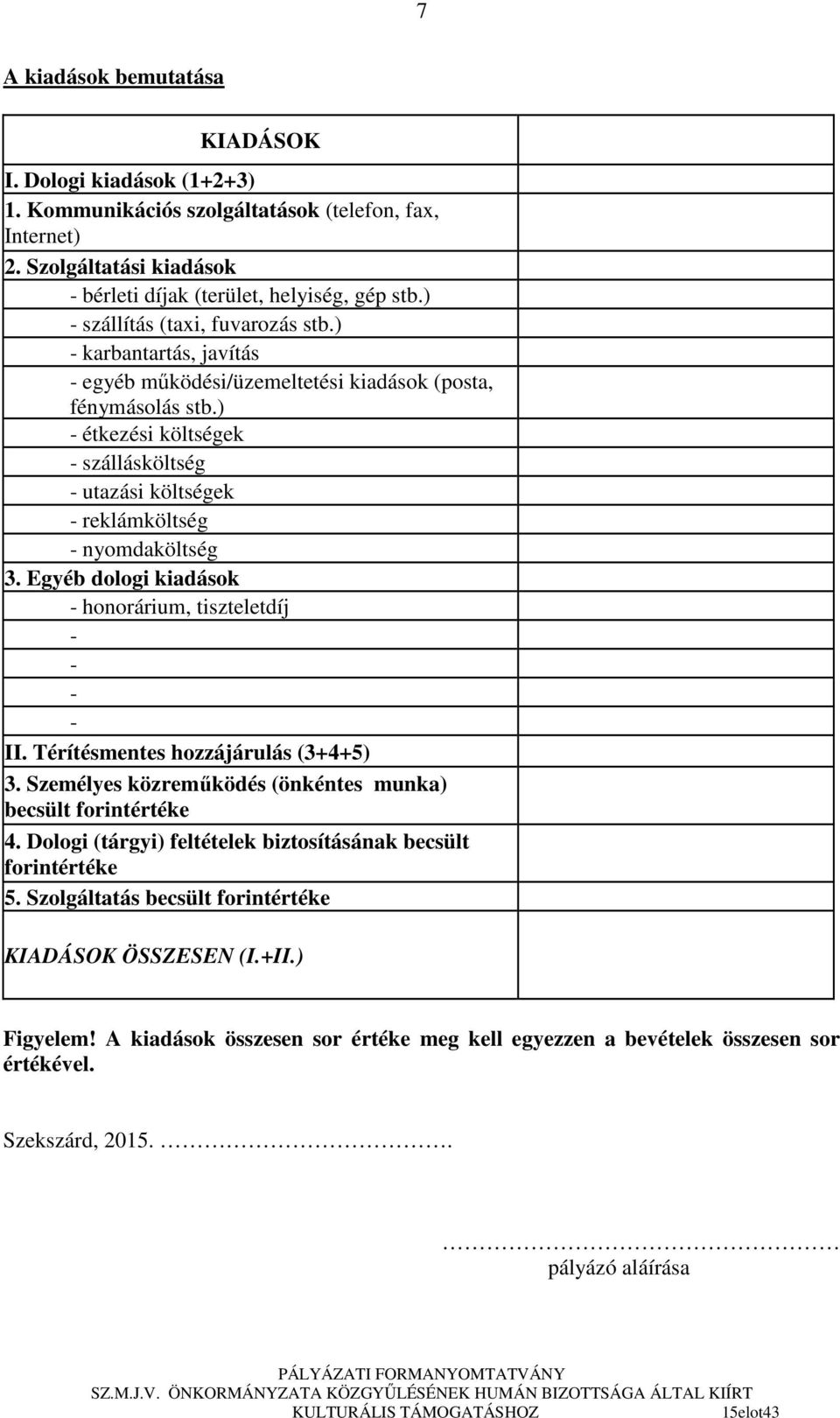 ) - étkezési költségek - szállásköltség - utazási költségek - reklámköltség - nyomdaköltség 3. Egyéb dologi kiadások - honorárium, tiszteletdíj - - - - II. Térítésmentes hozzájárulás (3+4+5) 3.