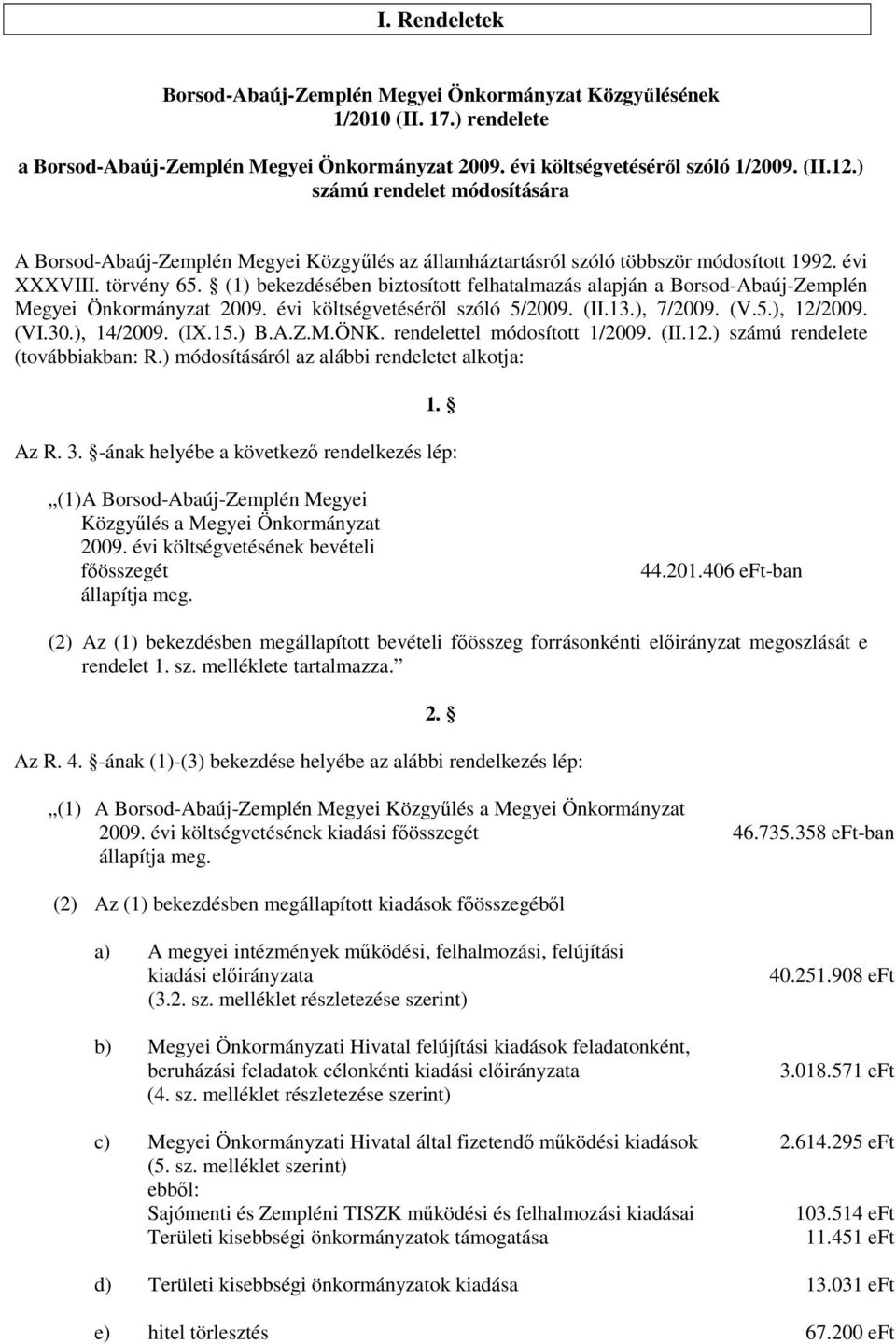 (1) bekezdésében biztosított felhatalmazás alapján a Borsod-Abaúj-Zemplén Megyei Önkormányzat 2009. évi költségvetésérıl szóló 5/2009. (II.13.), 7/2009. (V.5.), 12/2009. (VI.30.), 14/2009. (IX.15.) B.