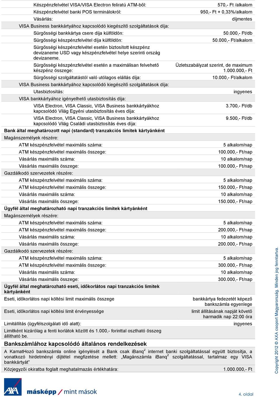 Sürgősségi készpénzfelvétel esetén a maximálisan felvehető készpénz összege: Sürgősségi szolgáltatástól való utólagos elállás díja: VISA Business bankkártyához kapcsolódó kiegészítő szolgáltatások