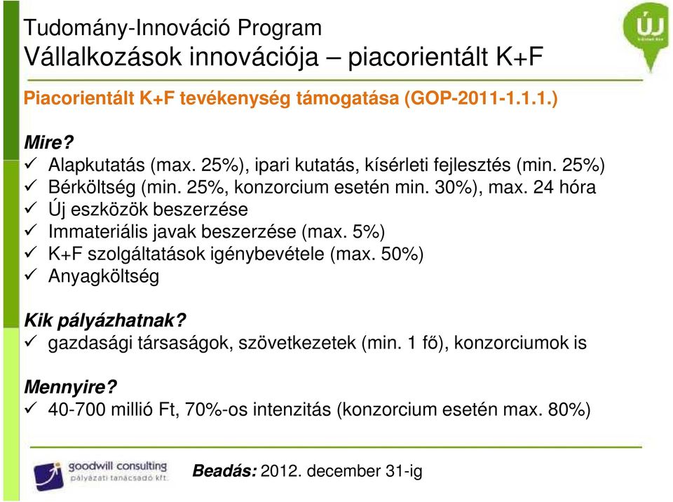 24 hóra Új eszközök beszerzése Immateriális javak beszerzése (max. 5%) K+F szolgáltatások igénybevétele (max. 50%) Anyagköltség Kik pályázhatnak?