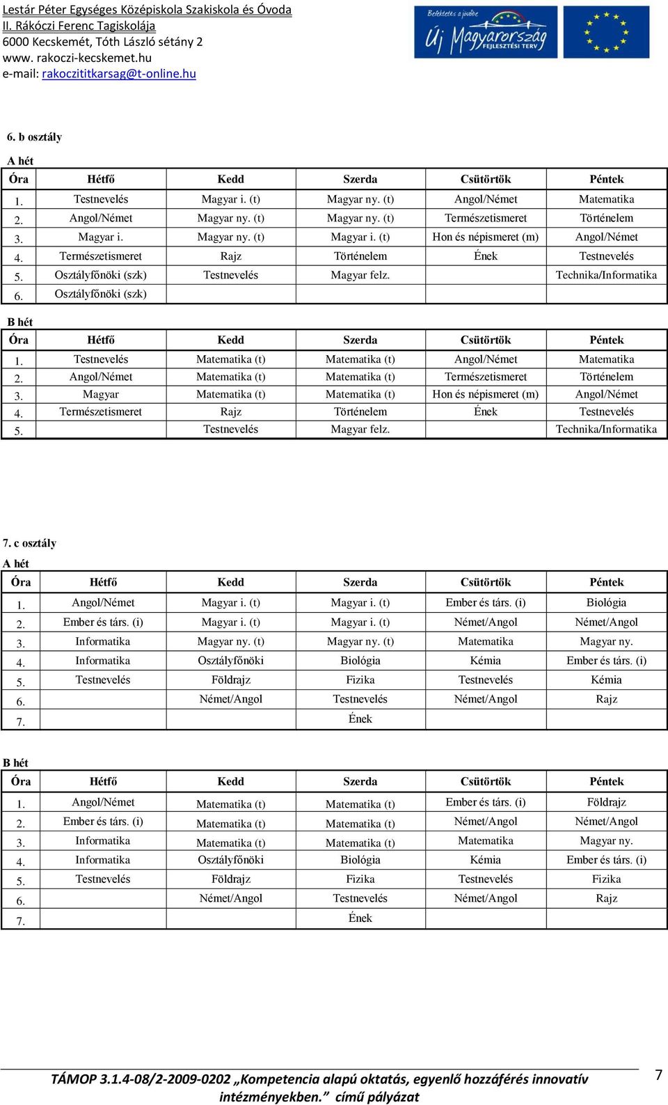 Testnevelés Matematika (t) Matematika (t) Angol/Német Matematika 2. Angol/Német Matematika (t) Matematika (t) Természetismeret Történelem 3.