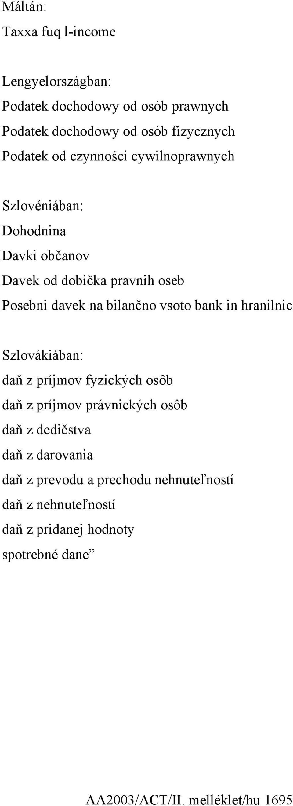 vsoto bank in hranilnic Szlovákiában: daň z príjmov fyzických osôb daň z príjmov právnických osôb daň z dedičstva daň z