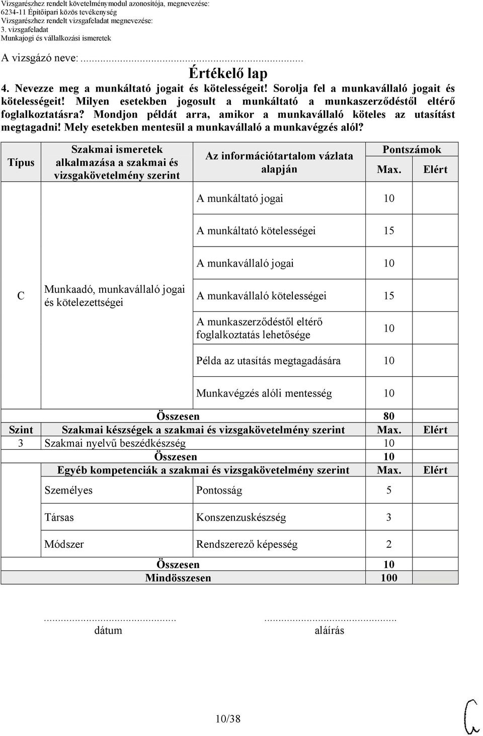 Mely esetekben mentesül a munkavállaló a munkavégzés alól? Típus Szakmai ismeretek alkalmazása a szakmai és vizsgakövetelmény szerint Az információtartalom vázlata alapján Pontszámok Max.