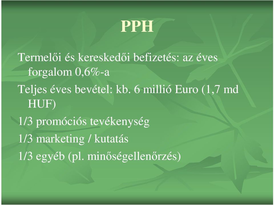 6 millió Euro (1,7 md HUF) 1/3 promóciós
