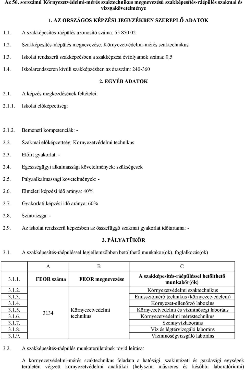 Iskolarendszeren kívüli szakképzésben az óraszám: 240-360 2.1. A képzés megkezdésének feltételei: 2.1.1. Iskolai előképzettség: 2. EGYÉB ADATOK 2.1.2. Bemeneti kompetenciák: - 2.2. Szakmai előképzettség: Környezetvédelmi technikus 2.