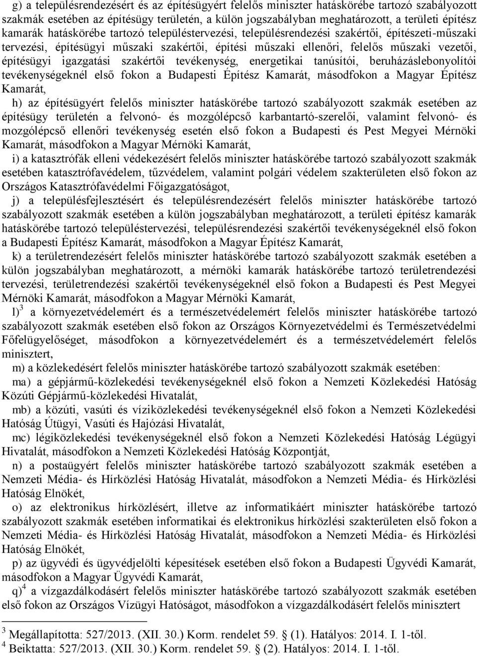 igazgatási szakértői tevékenység, energetikai tanúsítói, beruházáslebonyolítói tevékenységeknél első fokon a Budapesti Építész Kamarát, másodfokon a Magyar Építész Kamarát, h) az építésügyért felelős