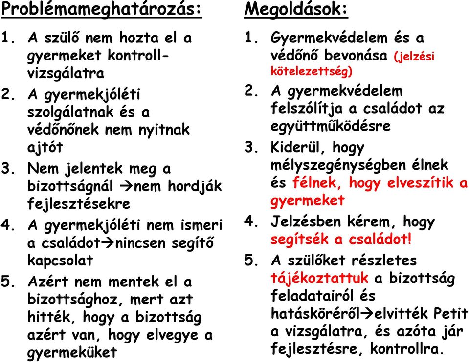 Azért nem mentek el a bizottsághoz, mert azt hitték, hogy a bizottság azért van, hogy elvegye a gyermeküket Megoldások: 1. Gyermekvédelem és a védőnő bevonása (jelzési kötelezettség) 2.