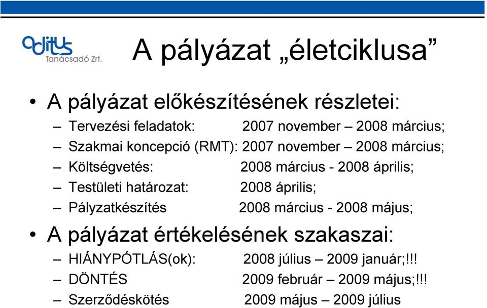 határozat: 2008 április; Pályzatkészítés 2008 március - 2008 május; A pályázat értékelésének szakaszai: