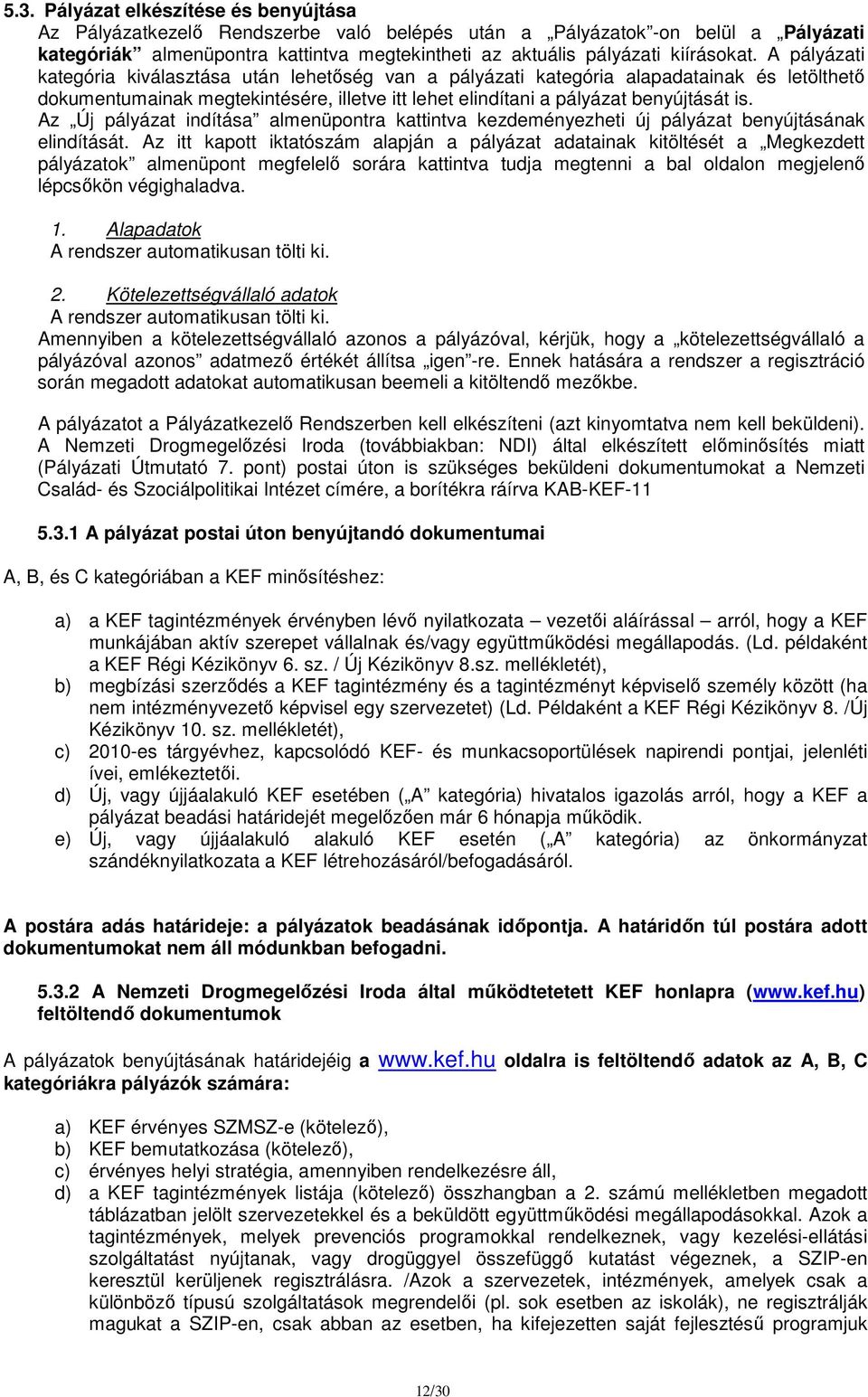 A pályázati kategória kiválasztása után lehetőség van a pályázati kategória alapadatainak és letölthető dokumentumainak megtekintésére, illetve itt lehet elindítani a pályázat benyújtását is.
