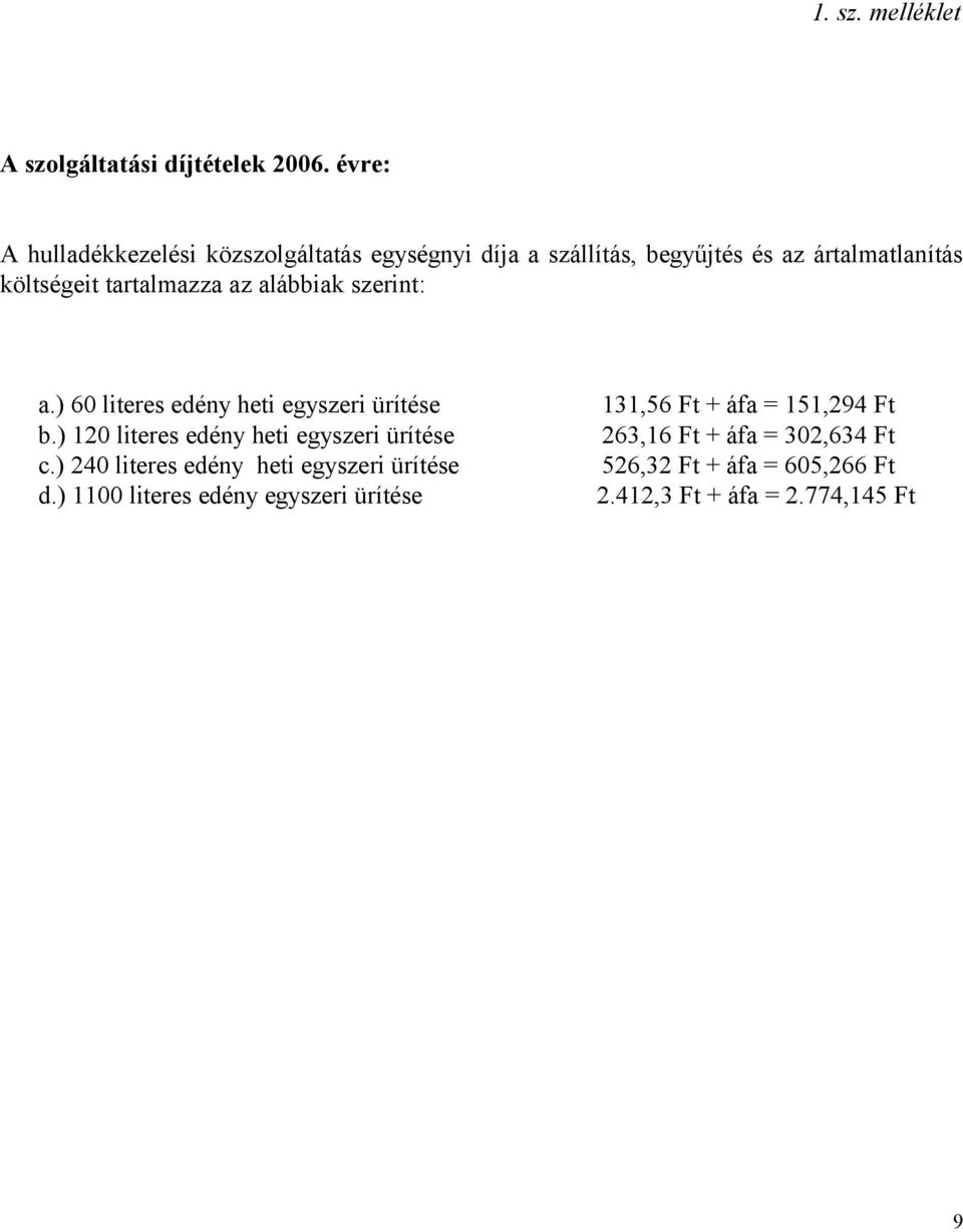 tartalmazza az alábbiak szerint: a.) 60 literes edény heti egyszeri ürítése 131,56 Ft + áfa = 151,294 Ft b.