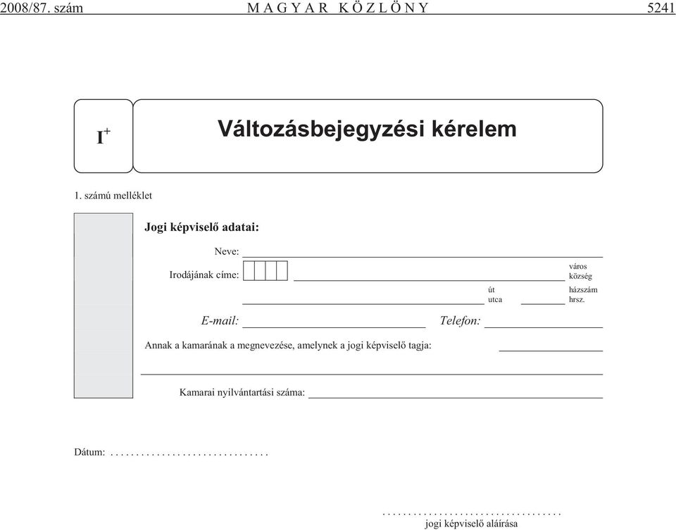 megnevezése, amelynek a jogi képvisel tagja: Telefon: út utca város község házszám hrsz.