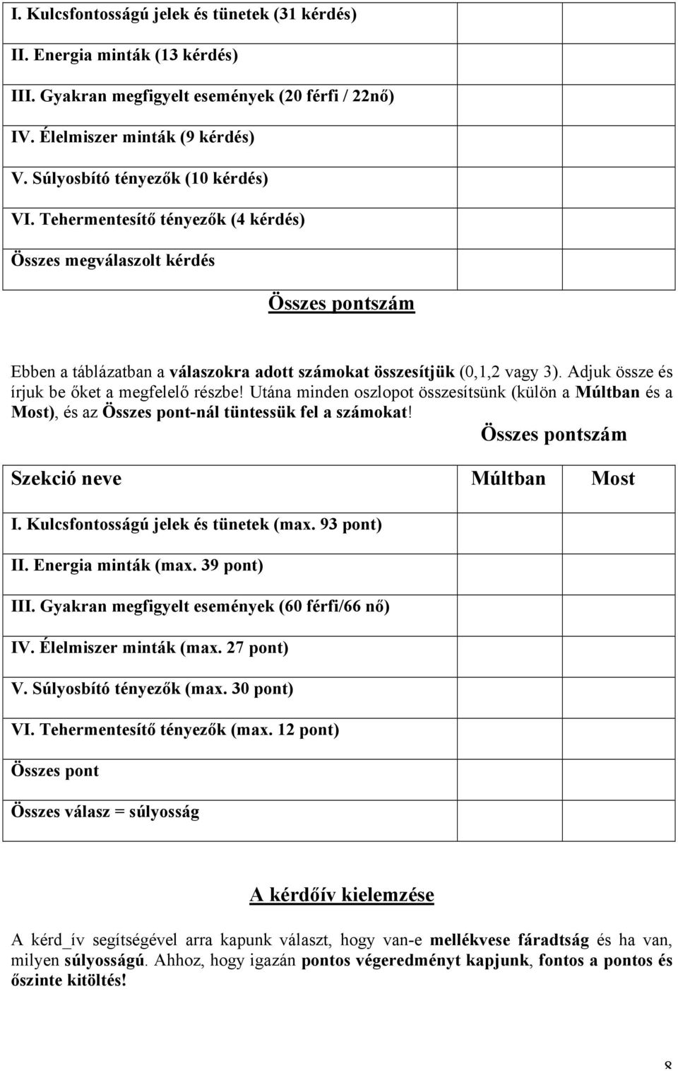 Adjuk össze és írjuk be őket a megfelelő részbe! Utána minden oszlopot összesítsünk (külön a Múltban és a Most), és az Összes pont-nál tüntessük fel a számokat!