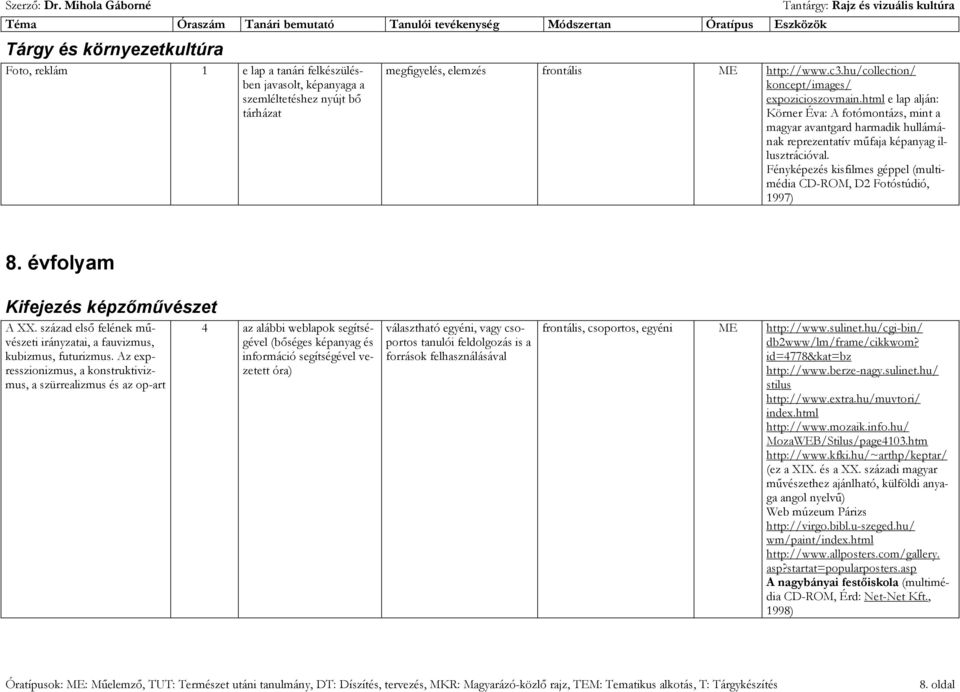 Fényképezés kisfilmes géppel (multimédia CD-ROM, D2 Fotóstúdió, 1997) 8. évfolyam Kifejezés képzőművészet A XX. század első felének művészeti irányzatai, a fauvizmus, kubizmus, futurizmus.