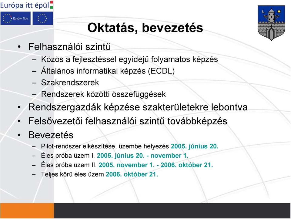 felhasználói szintű továbbképzés Bevezetés Pilot-rendszer elkészítése, üzembe helyezés 2005. június 20. Éles próba üzem I.