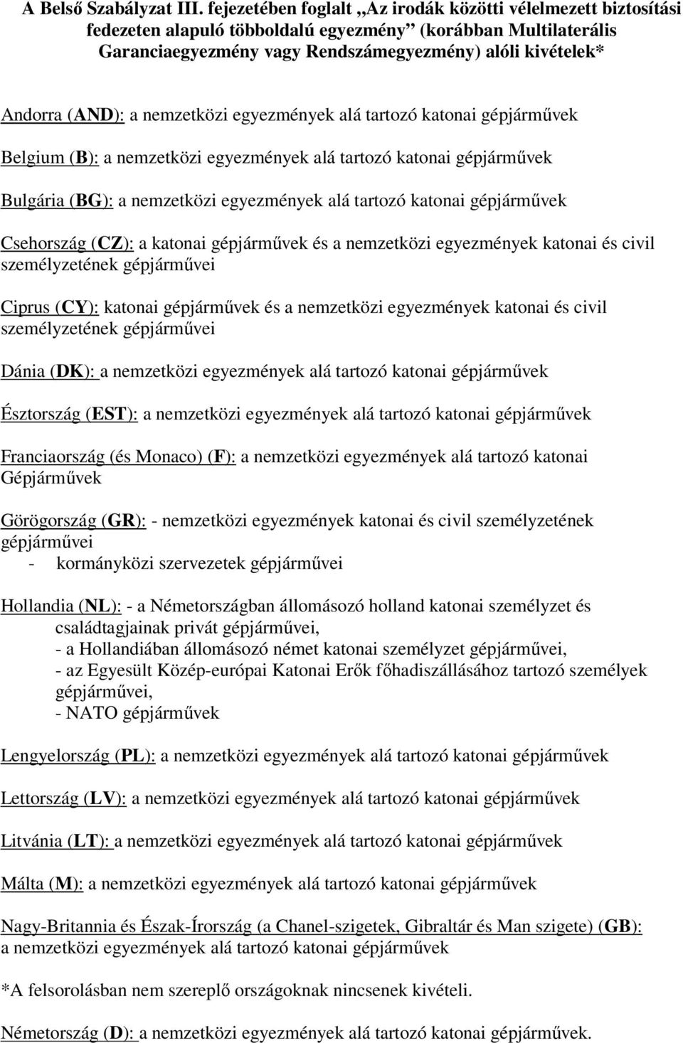 a nemzetközi egyezmények alá tartozó katonai gépjárművek Belgium (B): a nemzetközi egyezmények alá tartozó katonai gépjárművek Bulgária (BG): a nemzetközi egyezmények alá tartozó katonai gépjárművek