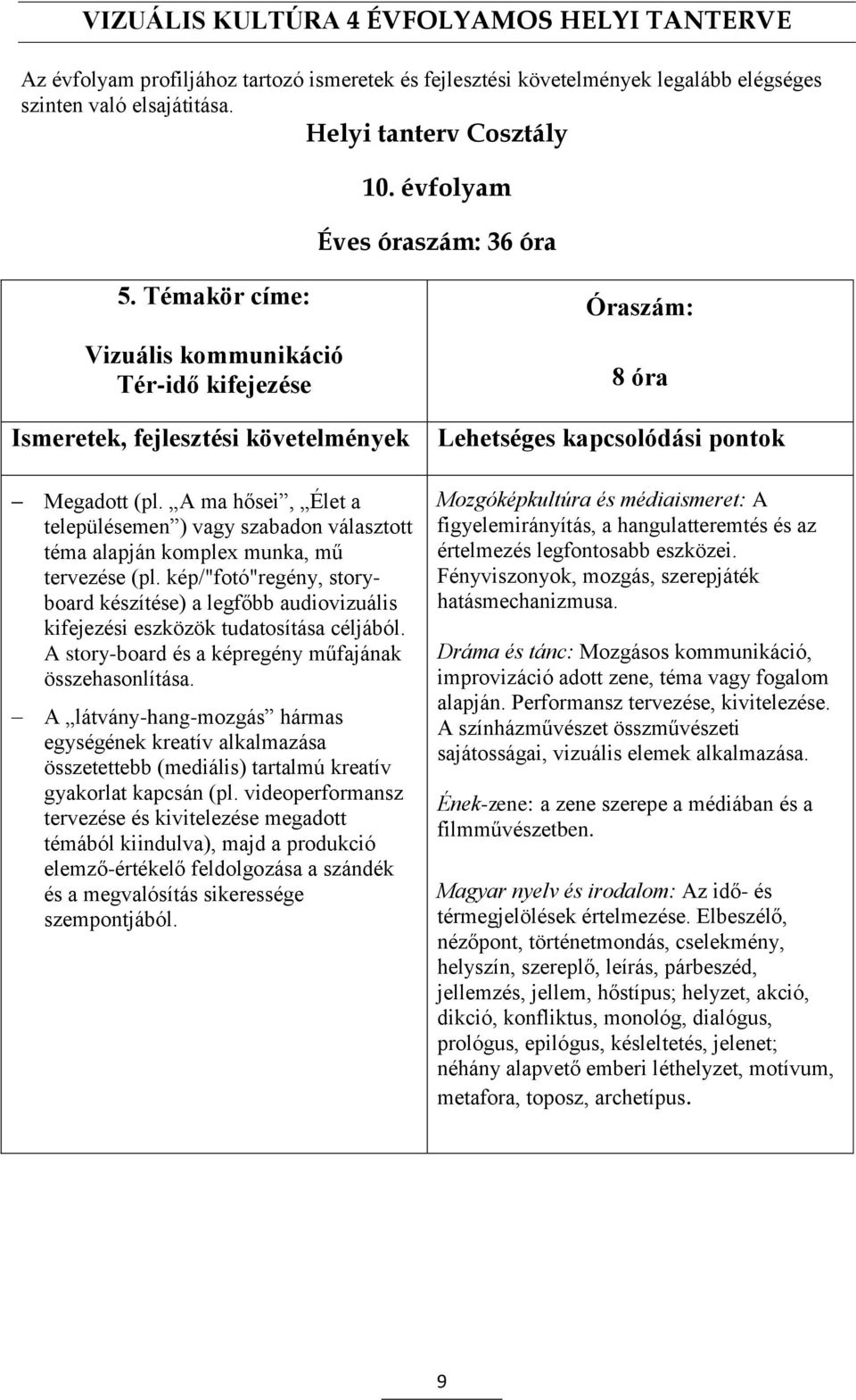 kép/"fotó"regény, storyboard készítése) a legfőbb audiovizuális kifejezési eszközök tudatosítása céljából. A story-board és a képregény műfajának összehasonlítása.