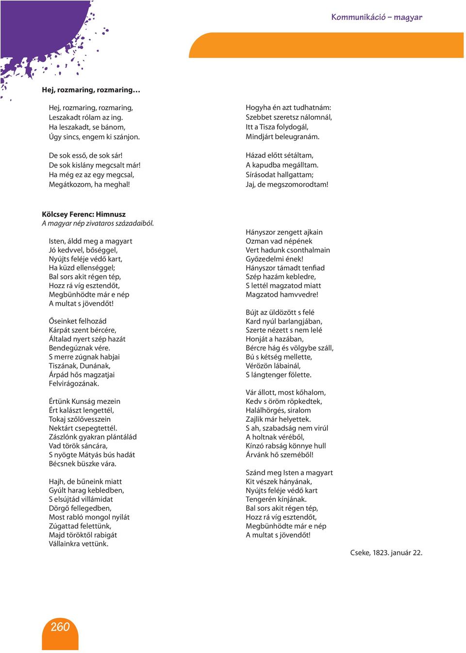 Házad előtt sétáltam, A kapudba megálltam. Sírásodat hallgattam; Jaj, de megszomorodtam! Kölcsey Ferenc: Himnusz A magyar nép zivataros századaiból.