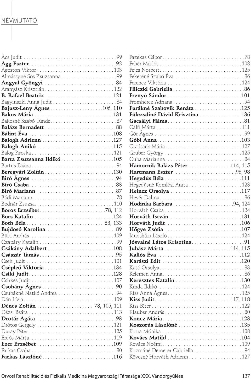 ...................106, 110 Bakos Mária..............................131 Bakosné Szabó Tünde......................... 87 Balázs Bernadett...........................88 Bálint Éva................................108 Balogh Adrienn.