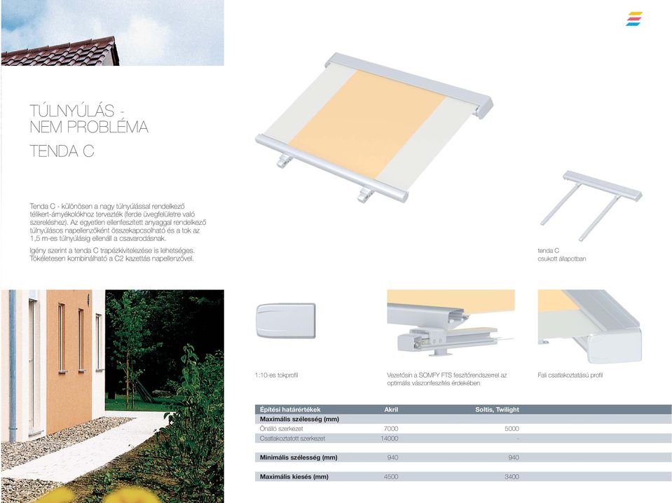 tenda C csukott állapotban 1:10-es tokprofil optimális vászonfeszítés érdekében Fali csatlakoztatású profil Építési