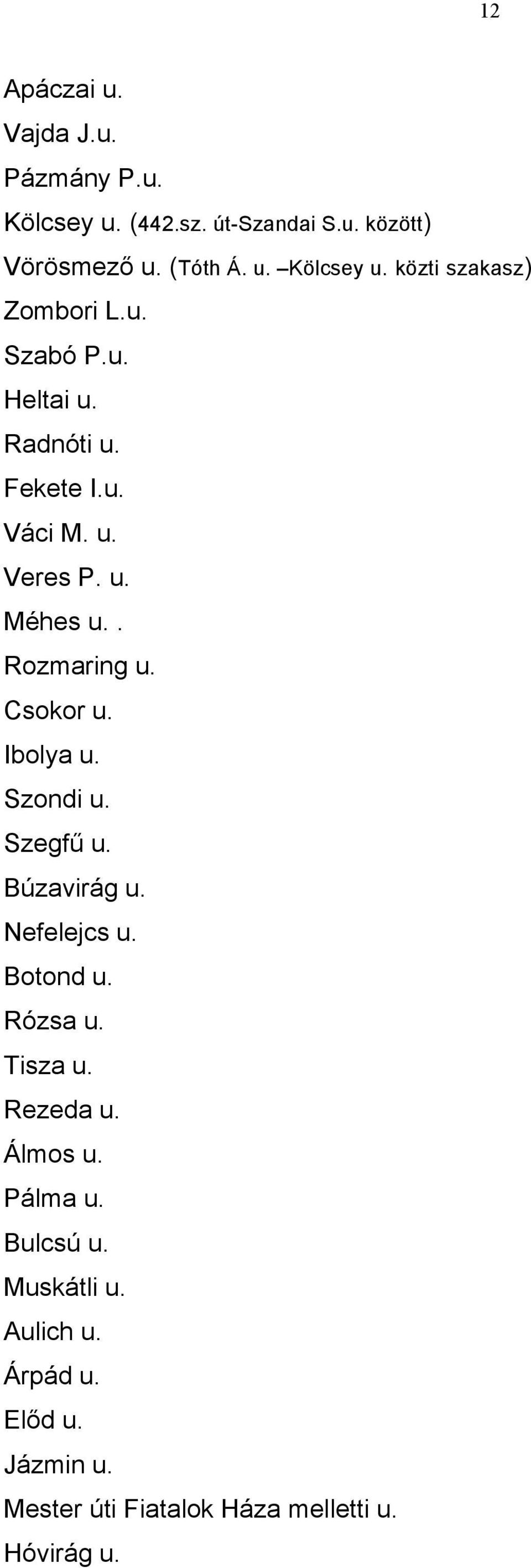 Szondi u. Szegfű u. Búzavirág u. Nefelejcs u. Botond u. Rózsa u. Tisza u. Rezeda u. Álmos u. Pálma u. Bulcsú u.